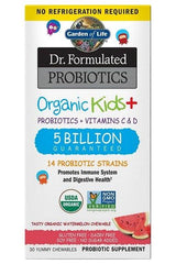 Garden of Life Dr. Formulated Probiotics Organic Kids+ packaging featuring immune and digestive support, 14 probiotic strains.