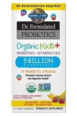 Garden of Life Dr. Formulated Probiotics Organic Kids+ with 5 billion CFU, 14 strains, strawberry-banana flavor for kids.