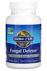 Garden of Life Fungal Defense supplement bottle, featuring botanical and enzyme support for digestive health.
