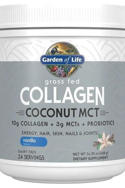 Garden of Life Grass Fed Collagen Coconut MCT powder in vanilla flavor, promoting healthy skin, hair, and joints.