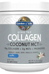 Garden of Life Grass Fed Collagen Coconut MCT powder in vanilla flavor, promoting healthy skin, hair, and joints.
