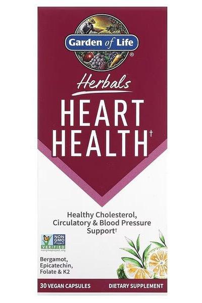 Garden of Life Herbals Heart Health supplement packaging with 30 vegan capsules for cholesterol and blood pressure support.