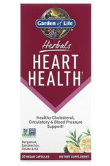Garden of Life Herbals Heart Health supplement packaging with 30 vegan capsules for cholesterol and blood pressure support.