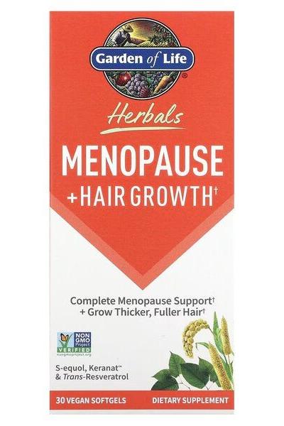 Garden of Life Herbals Menopause + Hair Growth supplement box with 30 vegan softgels for menopausal support and hair thickening.