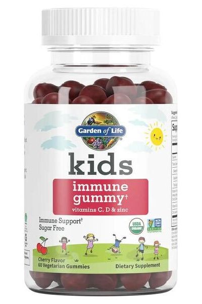 Garden of Life Kids Immune Gummy vitamins C, D & zinc, sugar-free, cherry flavor, dietary supplement bottle