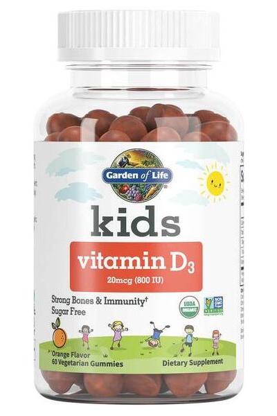 Garden of Life Kids Vitamin D3, 20mcg gummies for strong bones and immunity, sugar-free, vegetarian, and gluten-free.