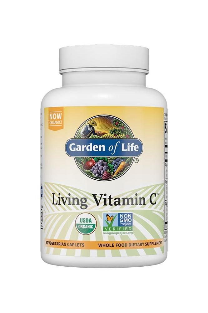 Garden of Life Living Vitamin C supplement bottle, USDA organic, 60 vegetarian capsules for antioxidant support.