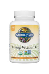 Garden of Life Living Vitamin C supplement bottle, USDA organic, 60 vegetarian capsules for antioxidant support.