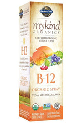 Garden of Life mykind Organics B-12 Organic Spray, vegan vitamin B-12, raspberry flavor, USDA Organic, energy support.
