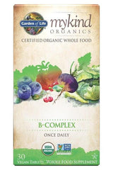 Garden of Life mykind Organics B-Complex supplement box with organic whole food ingredients.