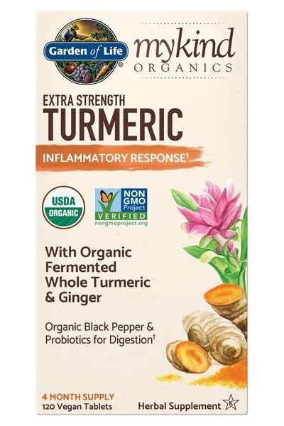 Garden of Life Mykind Organics Extra Strength Turmeric supplement box with turmeric and ginger ingredients.