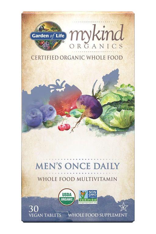 Garden of Life Mykind Organics Men's Once Daily, organic whole food multivitamin in vegan tablet form.