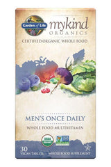 Garden of Life Mykind Organics Men's Once Daily, organic whole food multivitamin in vegan tablet form.