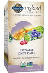 Garden of Life Mykind Organics Prenatal Once Daily multivitamin box, USDA Organic, Non-GMO, supports healthy pregnancy.