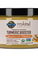 Garden of Life Mykind Organics Turmeric Booster jar, organic herbal supplement for inflammation support.