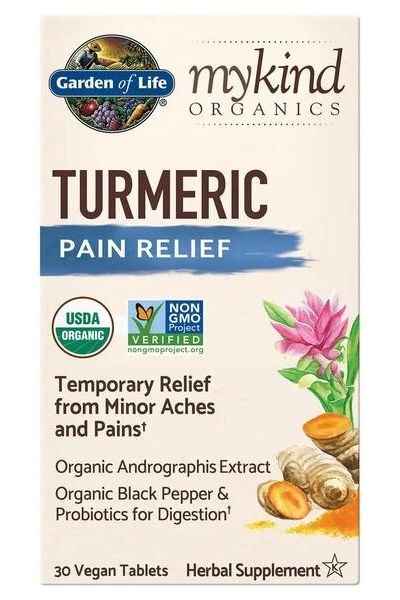Garden of Life Mykind Organics Turmeric Pain Relief supplement box with herbal benefits and organic ingredients.