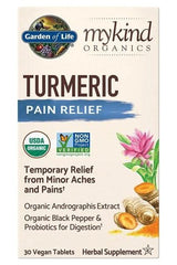 Garden of Life Mykind Organics Turmeric Pain Relief supplement box with herbal benefits and organic ingredients.