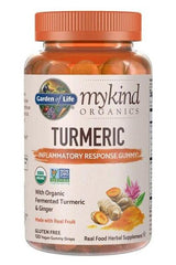 Garden of Life Mykind Organics Turmeric gummy supplement bottle with ginger and turmeric, gluten-free, herbal remedy.