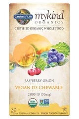 Garden of Life Mykind Organics Vegan D3 Chewable in Raspberry-Lemon flavor, certified organic, 30 chewable tablets.