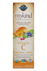 Garden of Life Mykind Organics Vitamin C Organic Spray in orange-tangerine flavor, certified organic whole food supplement.
