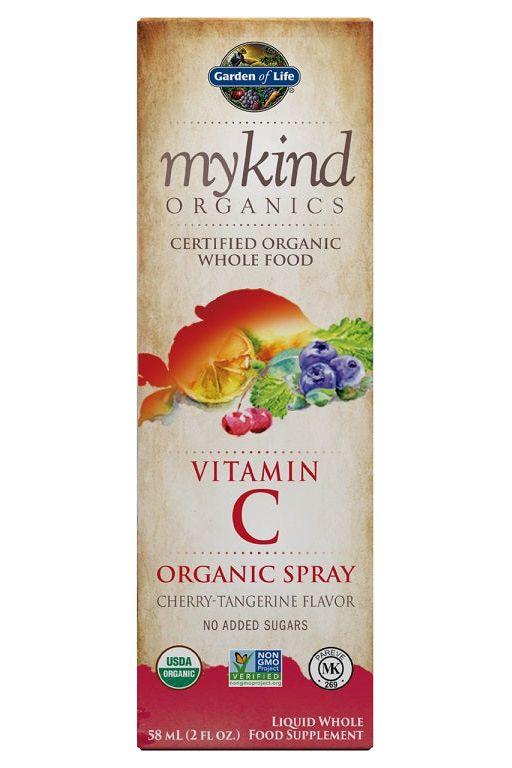 Garden of Life Mykind Organics Vitamin C Organic Spray, Cherry-Tangerine flavor, 58 mL bottle.