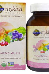 Garden of Life Mykind Organics Women's Multi supplement bottle and packaging, featuring organic ingredients and nutrition details.