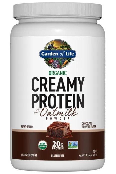 Garden of Life Organic Creamy Protein with Oatmilk Chocolate Brownie flavor, gluten-free, 20g plant protein per serving.