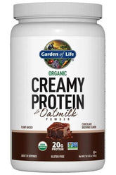 Garden of Life Organic Creamy Protein with Oatmilk Chocolate Brownie flavor, gluten-free, 20g plant protein per serving.