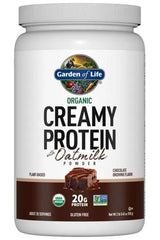 Garden of Life Organic Creamy Protein with Oatmilk Chocolate Brownie flavor, gluten-free, 20g plant protein per serving.