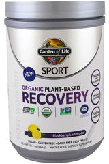 Garden of Life Organic Plant-Based Recovery powder in Blackberry Lemonade flavor for post-workout recovery and muscle support.
