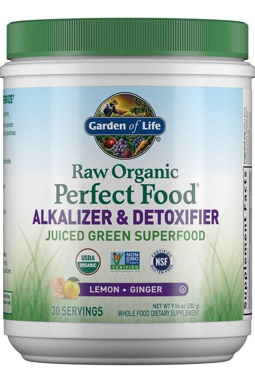Garden of Life Raw Organic Perfect Food Alkalizer & Detoxifier superfood powder, 30 servings with lemon and ginger flavor.