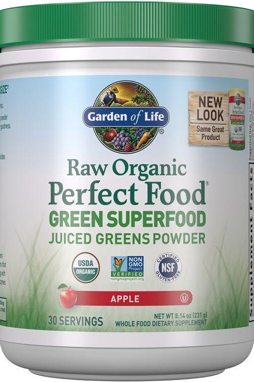 Garden of Life Raw Organic Perfect Food Green Superfood powder with apple flavor in a green-lidded container.