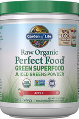 Garden of Life Raw Organic Perfect Food Green Superfood powder with apple flavor in a green-lidded container.