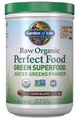 Garden of Life Raw Organic Perfect Food Green Superfood chocolate powder container with 60 servings.