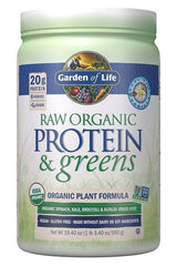Garden of Life Raw Organic Protein & Greens powder container with 20g protein, USDA Organic and Non-GMO certification.