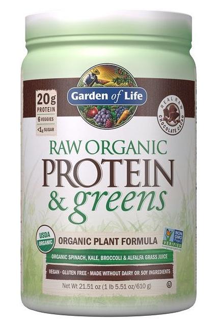 Garden of Life Raw Organic Protein & Greens, 20g plant protein, USDA Organic, with spinach, kale, and broccoli, gluten-free.