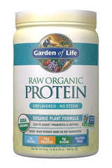Garden of Life Raw Organic Protein powder in a yellow container, featuring 22g protein, probiotics, and enzymes, gluten-free.