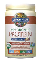 Garden of Life Raw Organic Protein Vanilla Chai powder with 22g protein, probiotics, and enzymes in a 20.45 oz container.