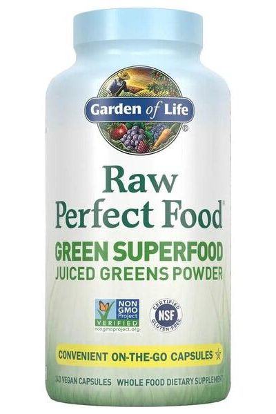 Garden of Life Raw Perfect Food Green Superfood powder in a bottle, rich in nutrients and ideal for healthy digestion.