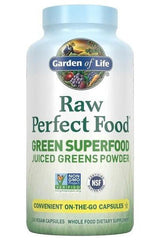 Garden of Life Raw Perfect Food Green Superfood powder in a bottle, rich in nutrients and ideal for healthy digestion.