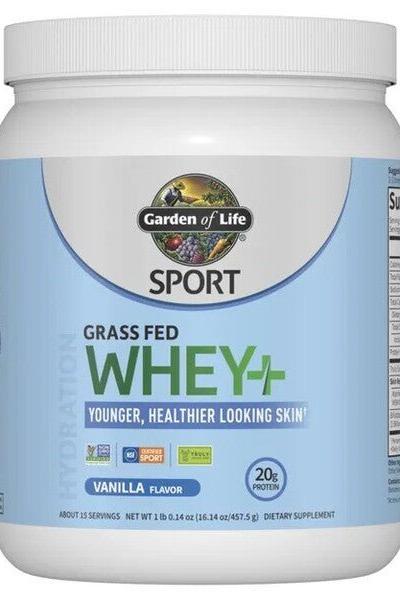 Garden of Life Sport Grass Fed Whey+ protein powder in vanilla for skin health and recovery.