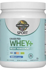 Garden of Life Sport Grass Fed Whey+ Weight Management protein powder in vanilla flavor, designed for weight control and performance.