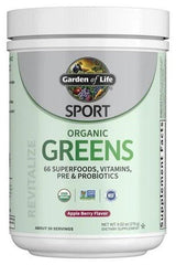 Garden of Life Sport Greens powder with 66 superfoods for cellular energy, immune health, and gut support, apple berry flavor.