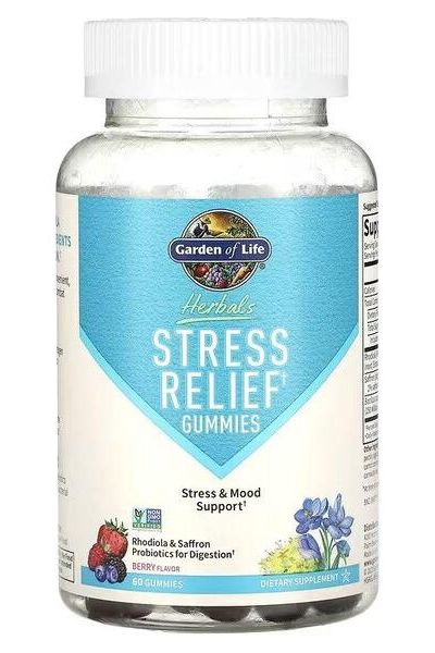 Garden of Life Stress Relief Gummies bottle with natural ingredients for stress support and mood enhancement.
