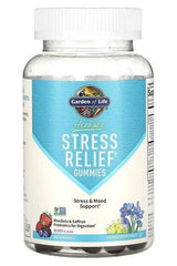 Garden of Life Stress Relief Gummies bottle with natural ingredients for stress support and mood enhancement.