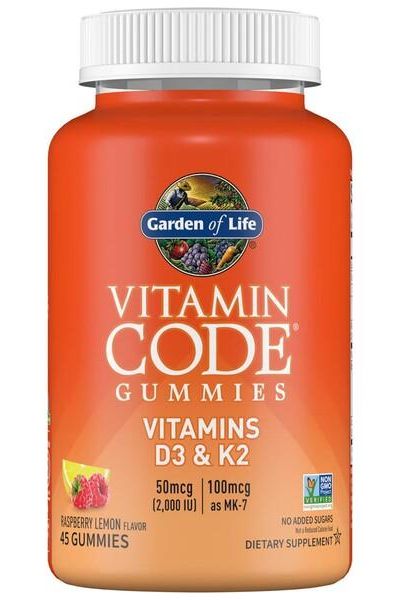 Garden of Life Vitamin Code Gummies D3 & K2, 45 gummies, raspberry lemon flavor, no added sugars, dietary supplement