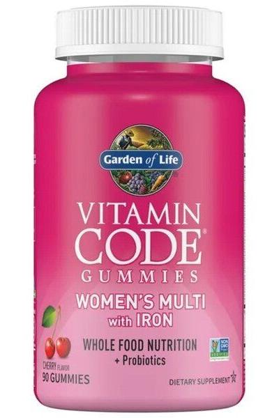 Garden of Life Vitamin Code Women's Multi with Iron Gummies, cherry flavor, 90 count bottle, probiotic enriched multivitamins.