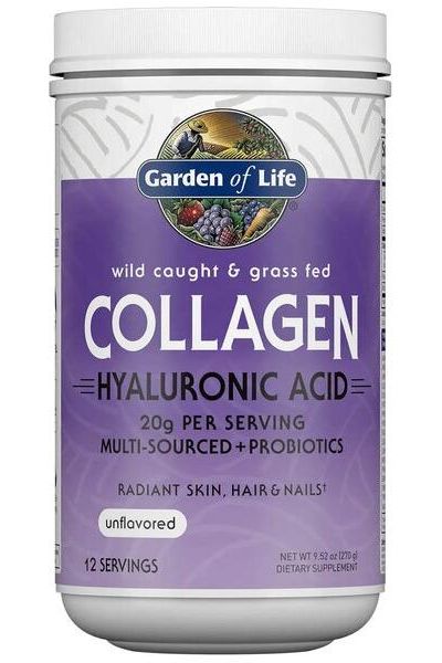 Garden of Life collagen powder with hyaluronic acid for skin, hair, nails, and joint support, unflavored, 12 servings.