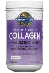 Garden of Life collagen powder with hyaluronic acid for skin, hair, nails, and joint support, unflavored, 12 servings.
