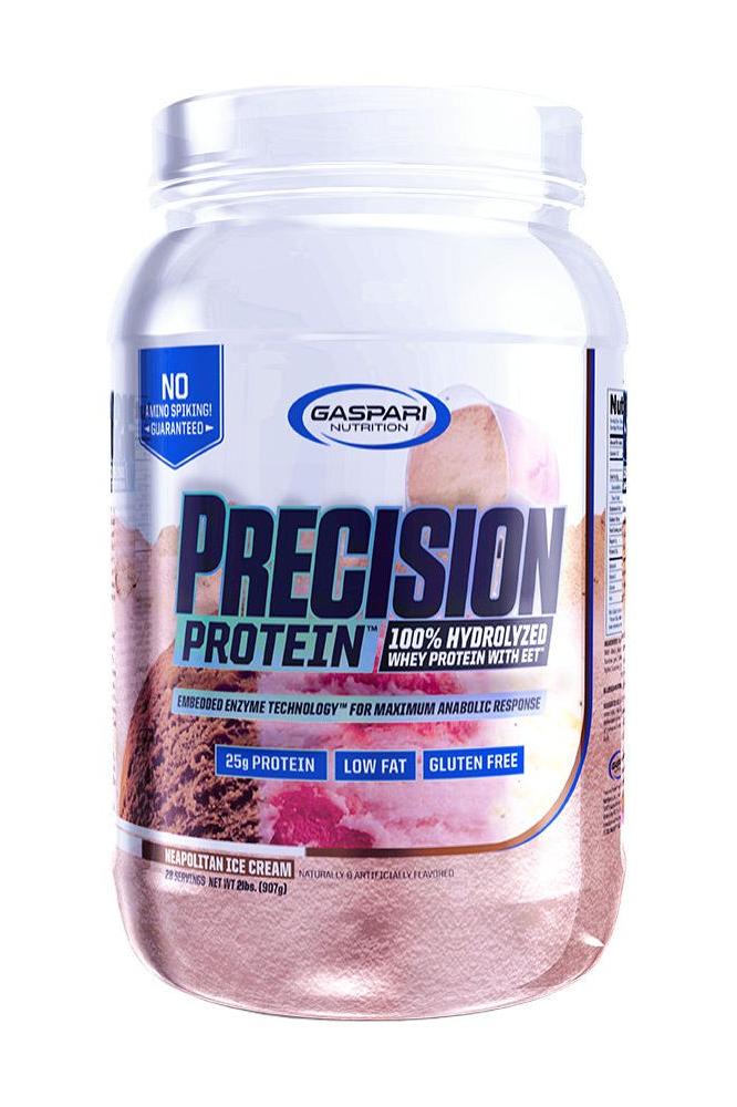 Gaspari Nutrition Precision Protein 100% Hydrolyzed Whey Protein in Neapolitan flavor, offering 25g protein, low fat, gluten-free.